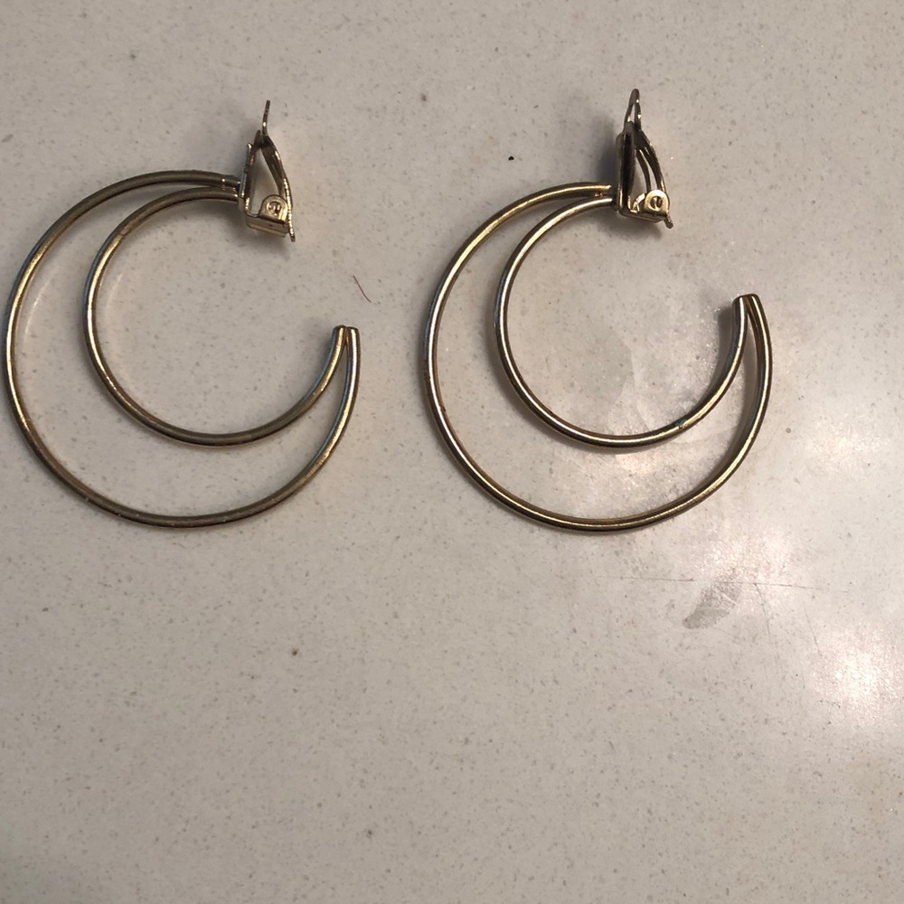 Gold Color Double Hoop Crescent Moon Shaped Costume Clip-On Earrings